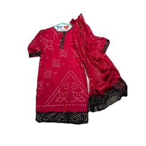 Indian Ethnic Kurti Set with Bandhani Dupatta –Bollywood Women Cotton Red